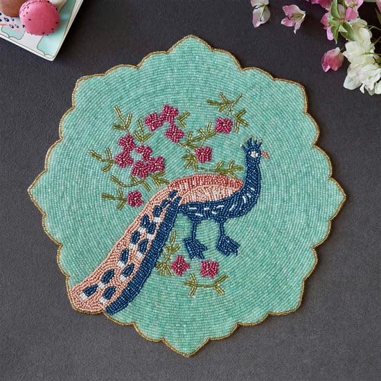 MFU - Made For You Round Beaded Table Placemat 14 Inches | Handmade Decorative Dining Mat | Charger Plate for Dining Table, Wedding, Party & Festive Decoration (Pack of 1) Kafalo