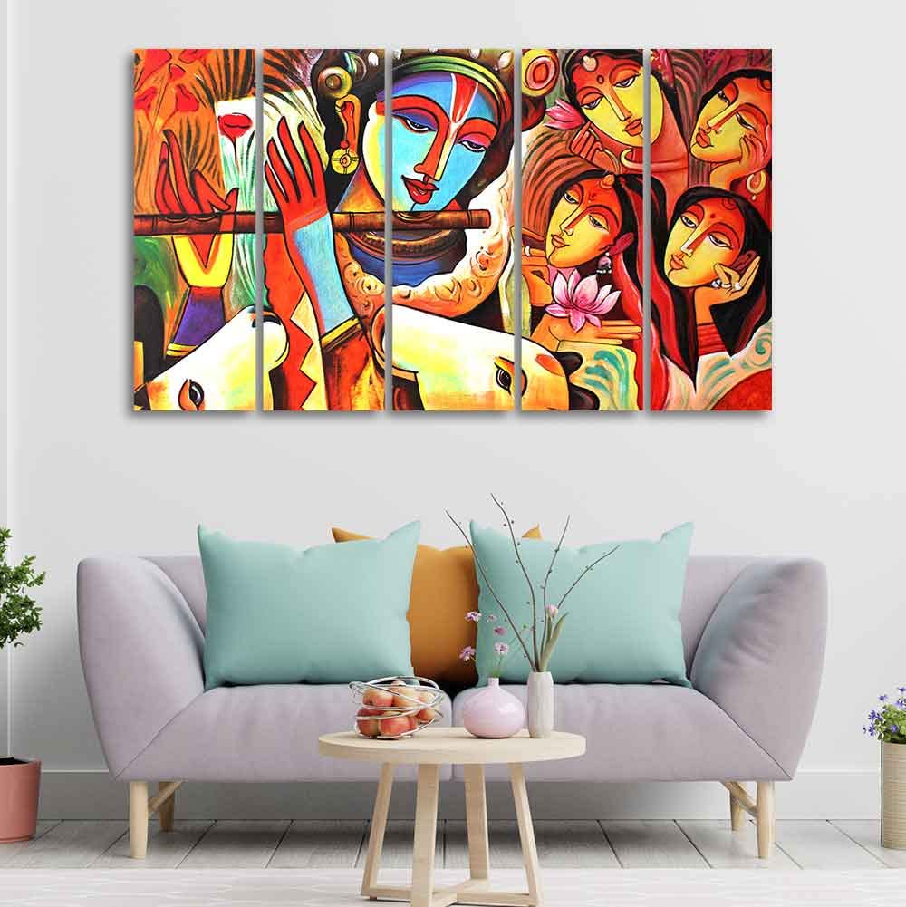 VIBECRAFTS Radha Krishna Beautiful Wall Painting of Five Pieces For Home|Office|Living Room|Gift (PTVC5Pcs4_8706)