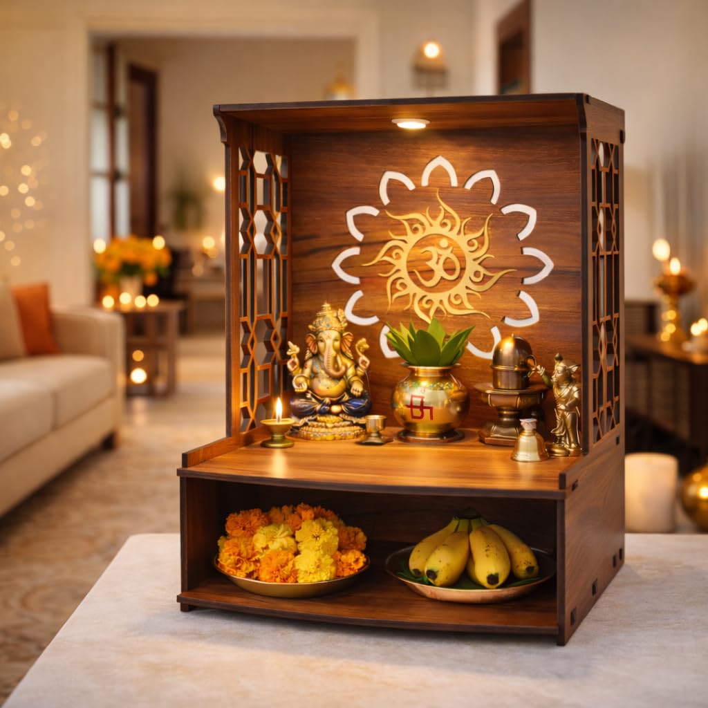 HNA Mangal Beautiful Wooden Pooja Stand for Home, Temple, Office, Wall Mounted Puja Mandir with LED Spot Light, Size (H- 15.5, L- 11.5, W-11 Inch)