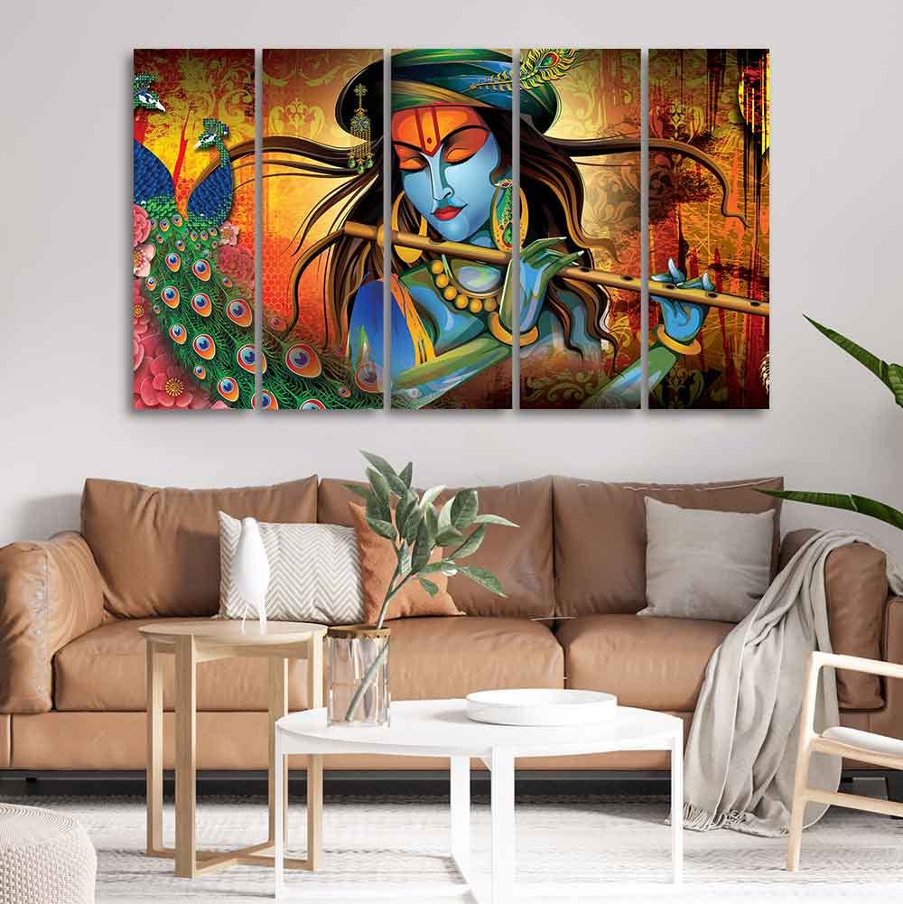 VIBECRAFTS Classic Krishna Premium Wall Painting of Five Pieces For Home|Office|Living Room|Gift (PTVC5Pcs4_8712)