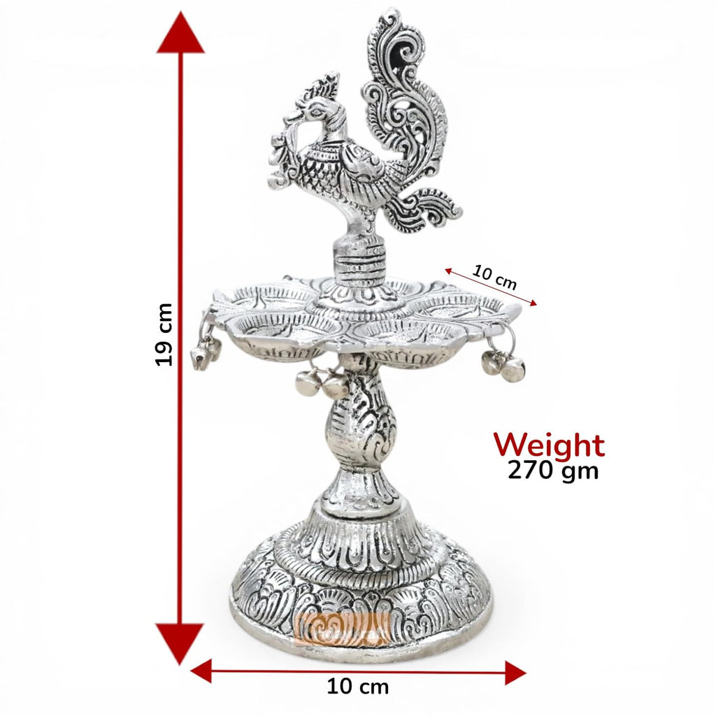 Kridaykraft Metal Peacock Diya Samai Oil Lamp, Silver Finish, Traditional Indian Decor, 19 cm Height, 270 gm, Handcrafted Design