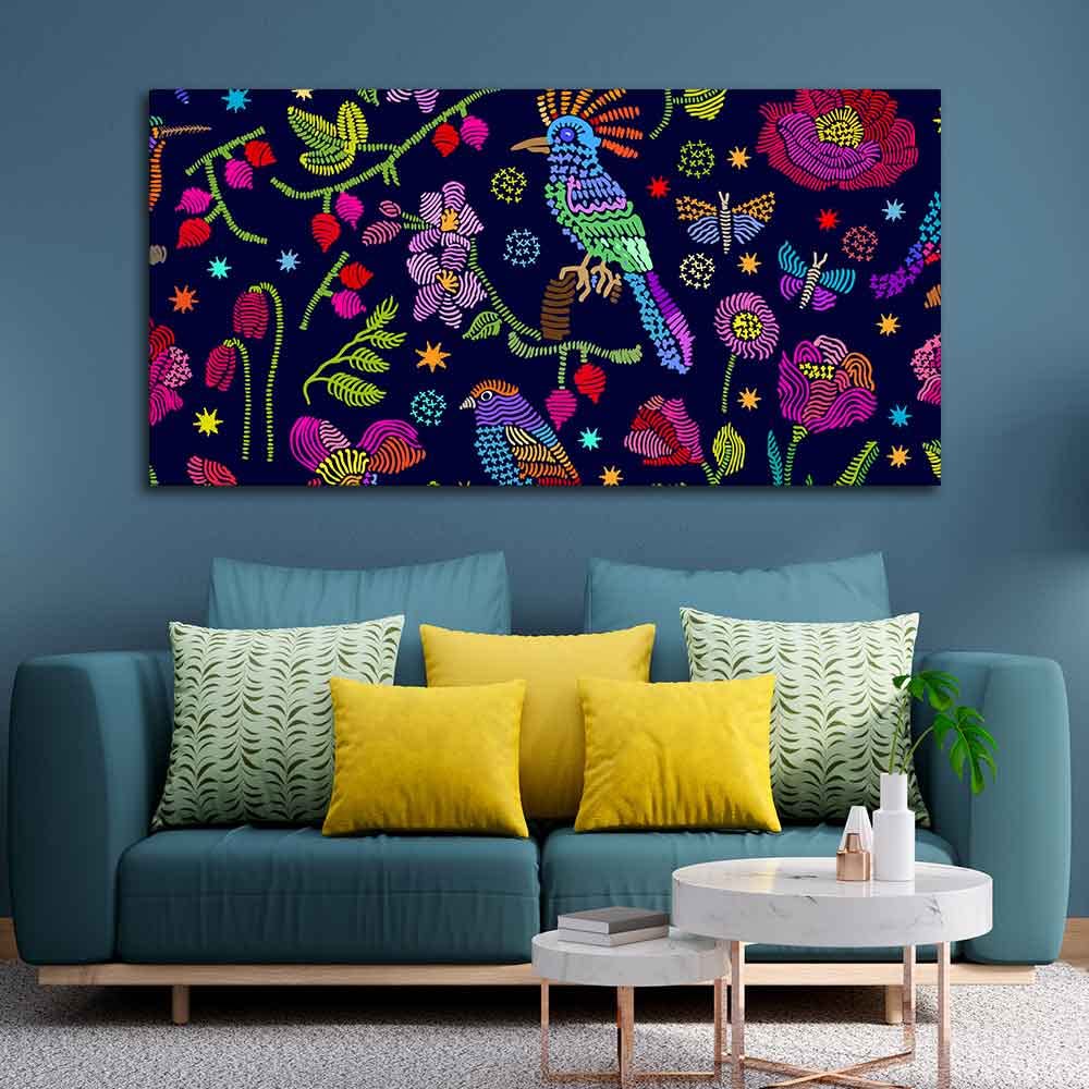VIBECRAFTS Canvas Paintings for Living Room Drawing Room Canvas Folk Art Painting of Birds, Flowers & Butterfly for Home|Office|Gift(PTVCH_2389)