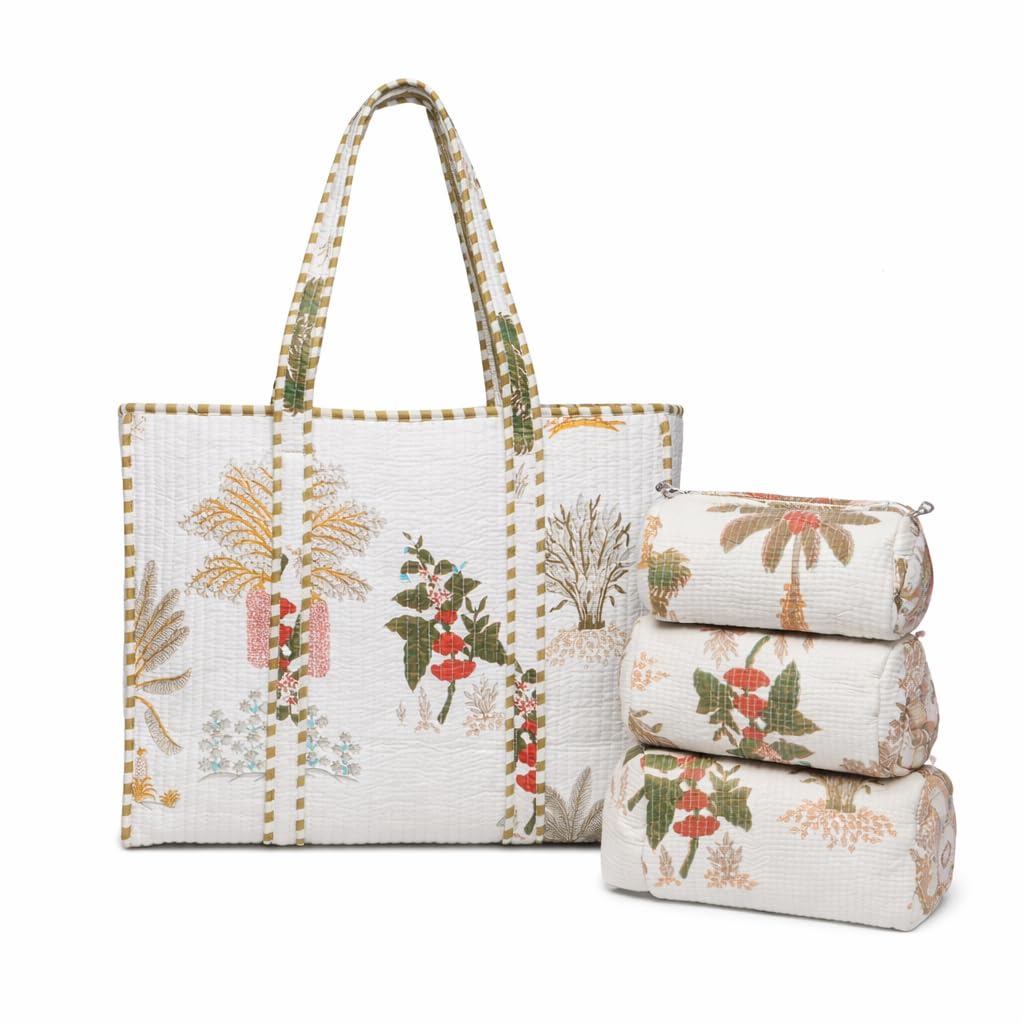 MITTICO Quilted Tote Bag with Matching Pouch Set for Women – Large Cotton Shoulder Handbag with Zipper | Lightweight Multipurpose Travel, Office & Everyday Tote Bag | White Floral Print