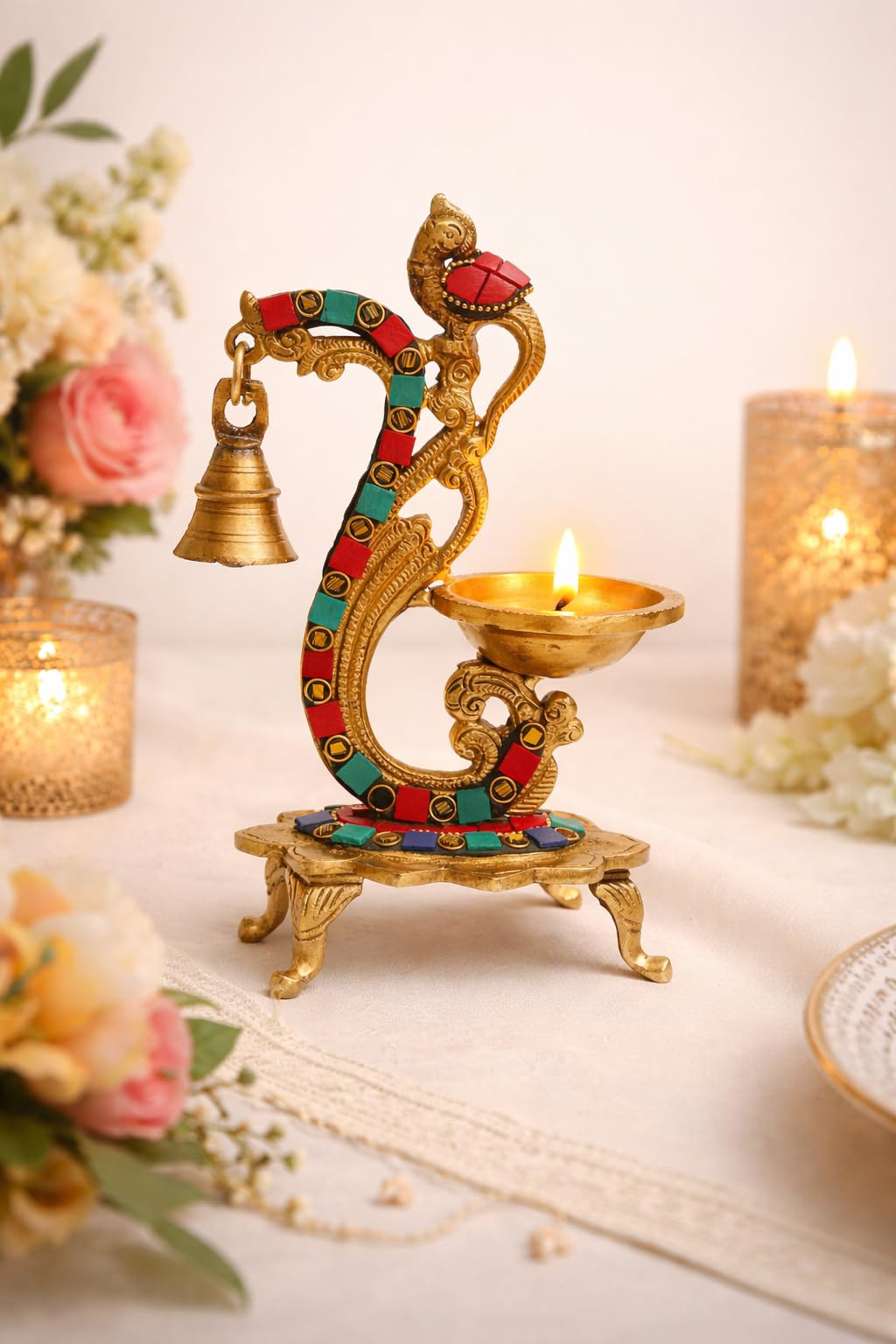 Artvarko Gemstone Work Brass Peacock Diya with Bell Antique Finish Ethnic Oil Lamp for Home Décor ,100% Pure Brass Antique Oil lamp for Office Home Temple, 8 inches