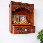 Wooden Wall Mounted Temple for Home, Office and Shop, Hand-Carved with Storage, Small Pooja Mandir