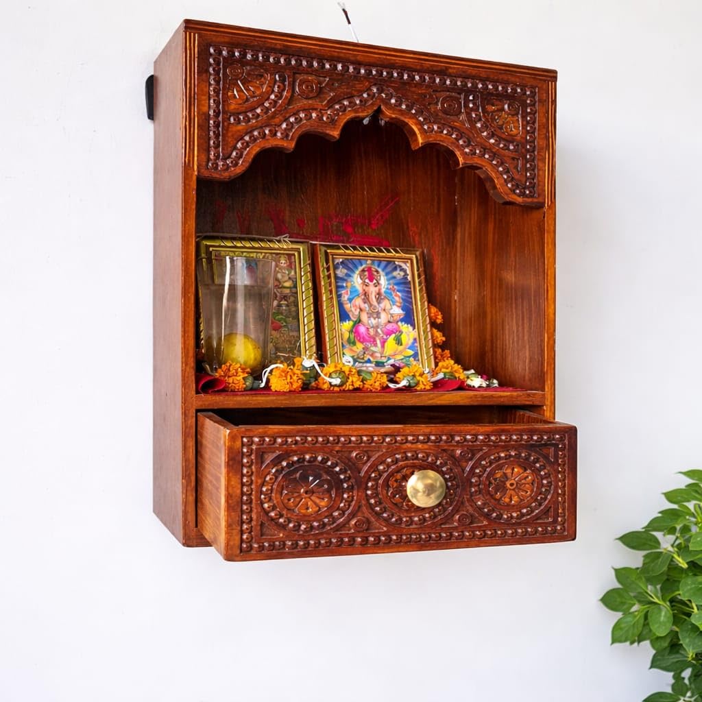 Wooden Wall Mounted Temple for Home, Office and Shop, Hand-Carved with Storage, Small Pooja Mandir