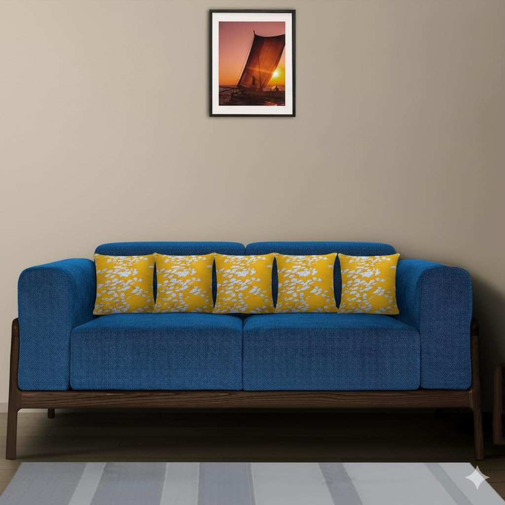Trance Home Linen Set of 5 Premium 100% Cotton 12x12 inch Cushion Covers for Sofa and Diwan | Small Cushion Covers – (12x12 inch | 30cmx30cm, Ginkgo Leaves Yellow White) – Set of 5