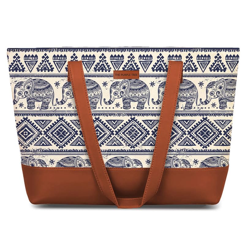 The Purple Tree Women Handcrafted Tote with Vegan Leather Handles, Elephant Print Shoulder Bag for Office and College, Oversized Contemporary White
