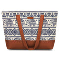 The Purple Tree Women Handcrafted Tote with Vegan Leather Handles, Elephant Print Shoulder Bag for Office and College, Oversized Contemporary White