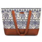 The Purple Tree Women Handcrafted Tote with Vegan Leather Handles, Elephant Print Shoulder Bag for Office and College, Oversized Contemporary White