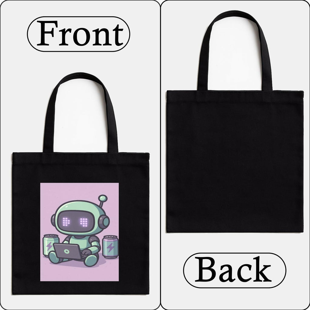 Kirmada Black Cotton Tote Bag | Recharge Mode Robot Design | Cute Tech & Gamer Tote for College, Office & Shopping | Zipper Closure | Reusable Eco Friendly Cotton Bag | Gift for Coders & AI Lovers