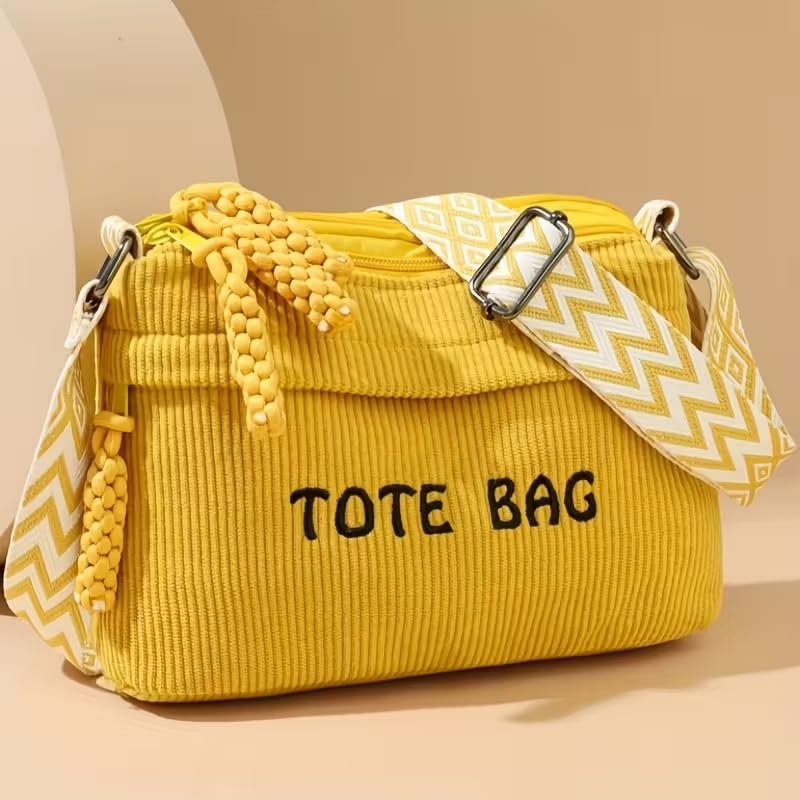 Street27 Women’s Premium Corduroy Tote Bag with Adjustable Wide Strap, Multi-Pocket Crossbody & Shoulder Handbag, Lightweight Everyday Carry with Secure Zipper Closure | (Yellow)