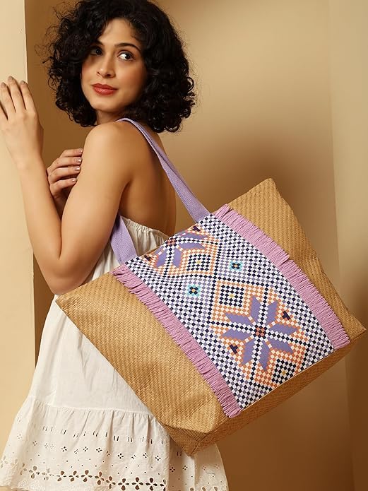 ASIAN Beach Tote Bag with Rope Handles For Women & Girls Beige with Pink Palm Print | Large Shoulder Bag, Stylish Designer Handbag, Lightweight, Perfect for Office Bag, College Bag & Shopping Use