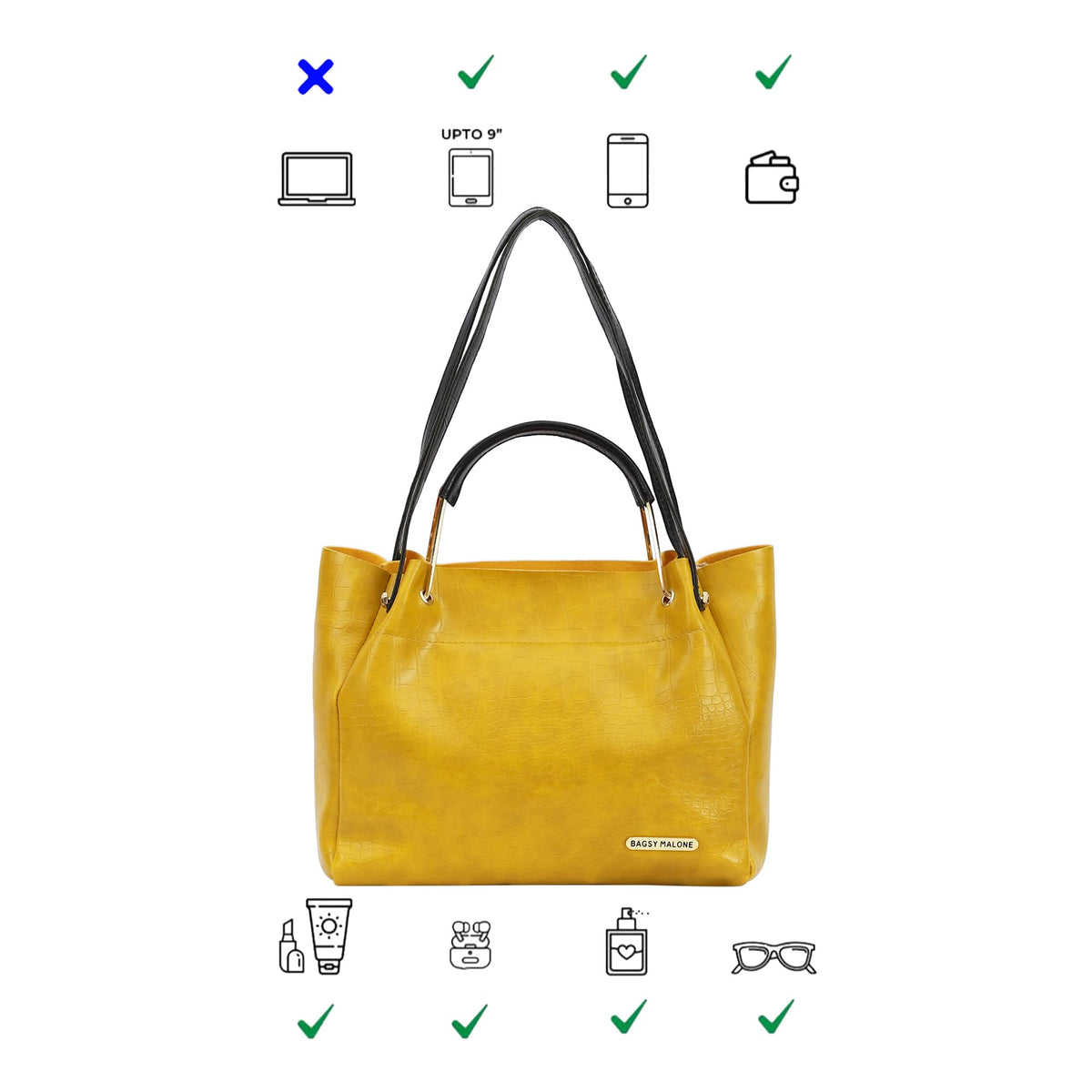 Bagsy Malone Women's Vegan Leather Stylish Tote Bag | Pack of 5 | Ladies Purse Handbag (Croco Yellow)