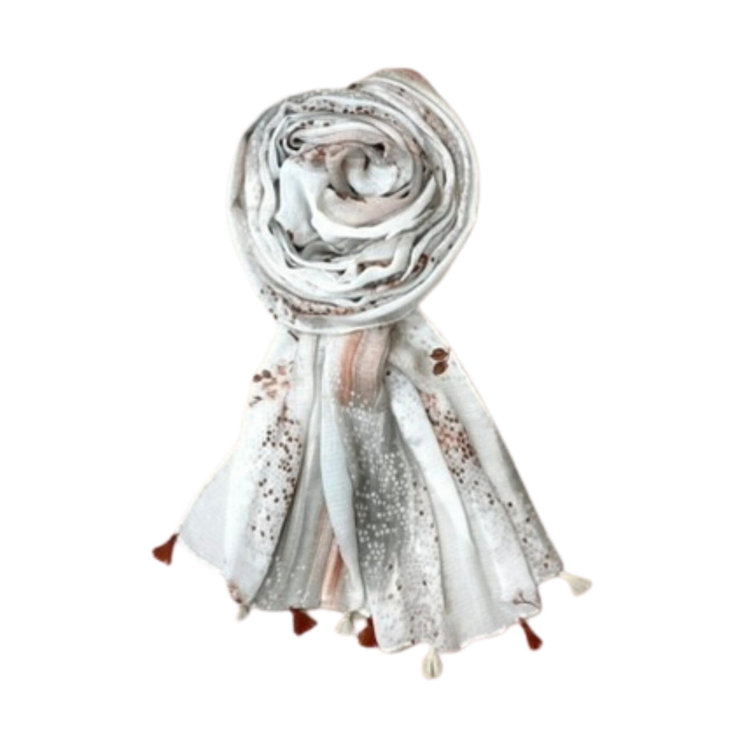 FAHABO Scarf Woman Floral Print Premium Mal Mal Textured Cotton Scarves with Tassels | Hijab Scarf | Headscarf | Neck Scarf | Stoles | Wraps | Size 71 L x 33 W (Elegance Grey, Brown)