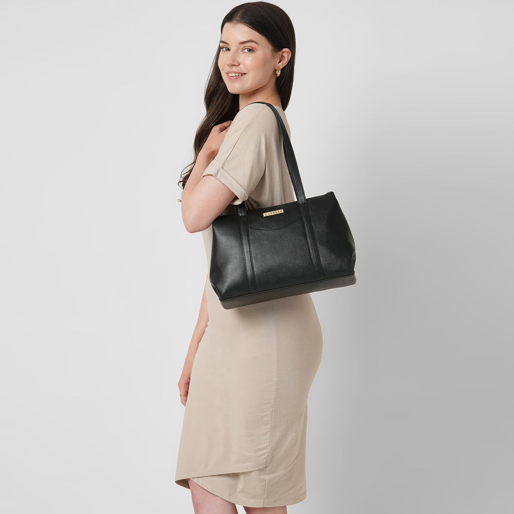 Caprese Meta Small Tote Bag for Women with Comfortable Straps | Stylish Shoulder & Handheld Bag | Fits Up to 16 Inch Laptop | Durable, Multi-Compartment Design for Work, Travel, Shopping (Black)
