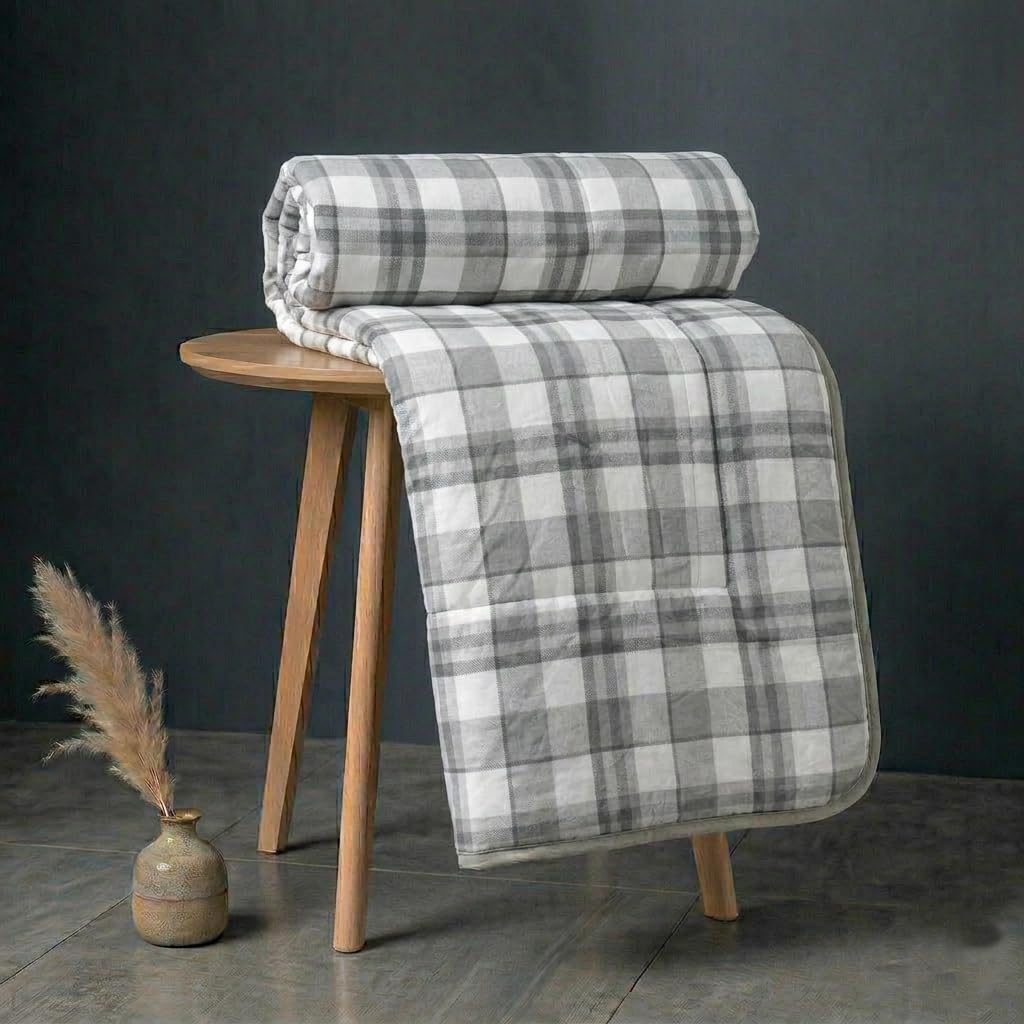 Premium Flannel Dohar for Double Bed | Ultra Soft & Lightweight AC Blanket | Breathable All Season Blanket Ac Quilt for Summer & Mild Winter | Machine Washable (84x90 Inches)_Grey Plaid Kafalo