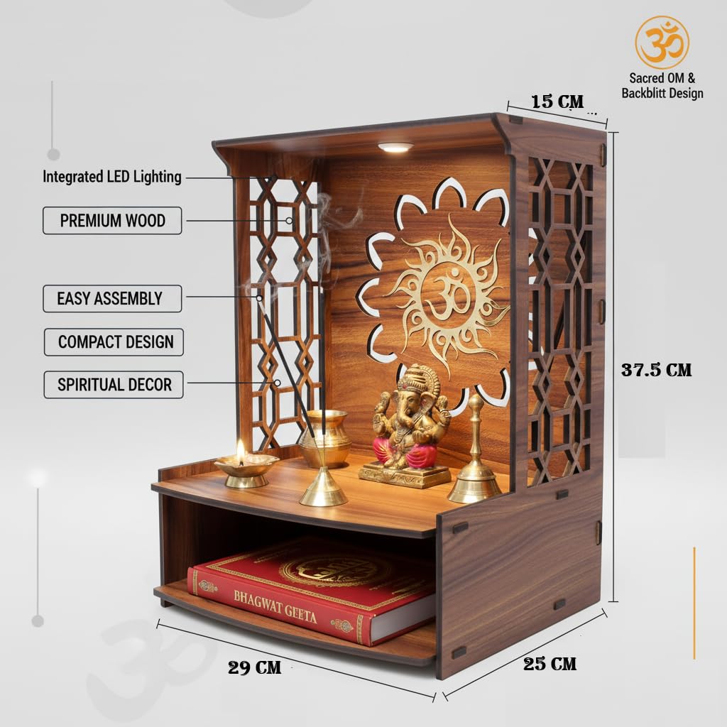 Royal Walnut Finish Wooden Pooja Mandir | Wall Mounted Home Temple with LED Lights & Spacious Storage | Premium Handcrafted Puja Unit (37.5 * 29 * 25 CM) (Large) A5