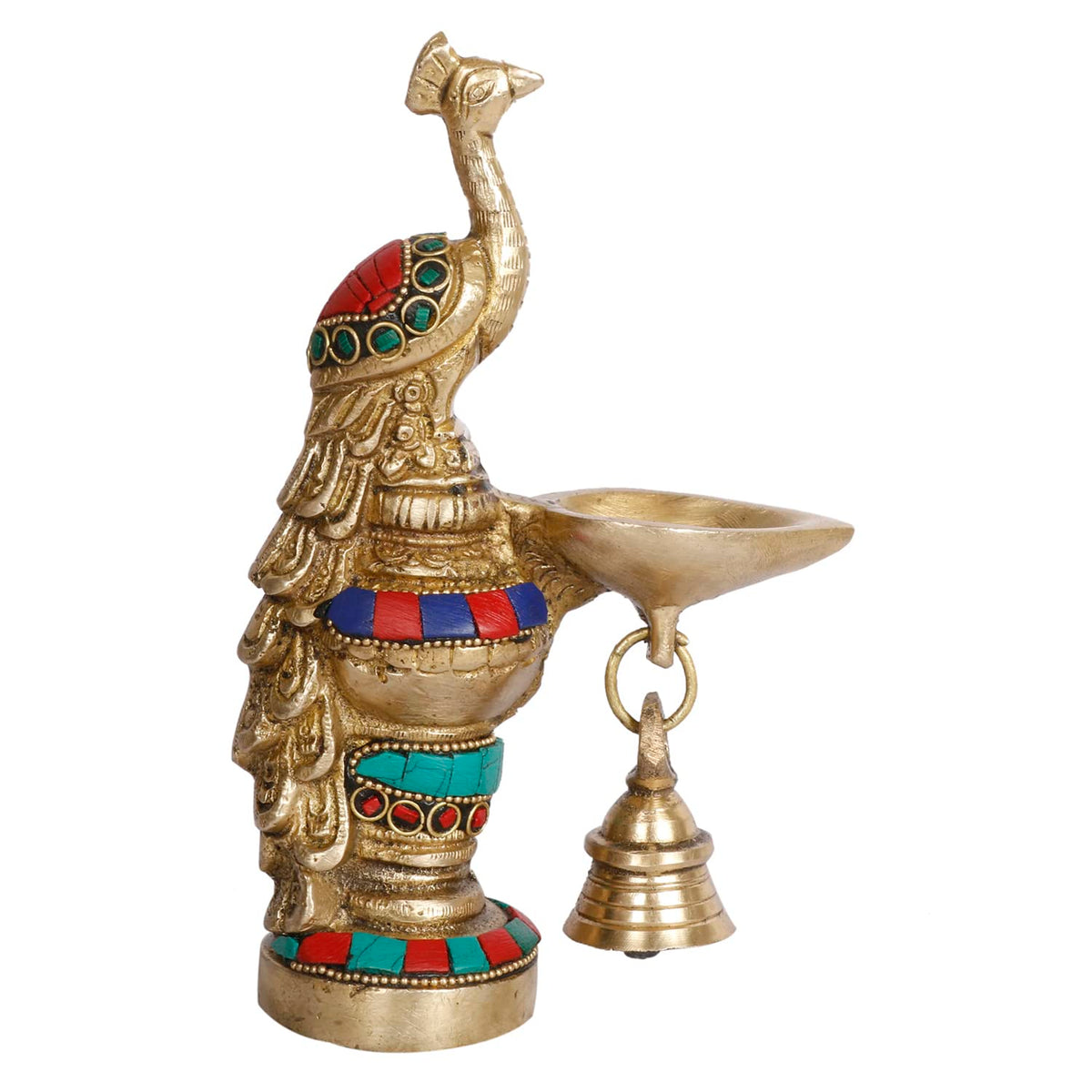 Artvarko Peacock Diya with Bell Brass Multicolor Stone Handwork Table Décor for Home Diwali Gift Temple Pooja Gold Color Height 6.5 Inch