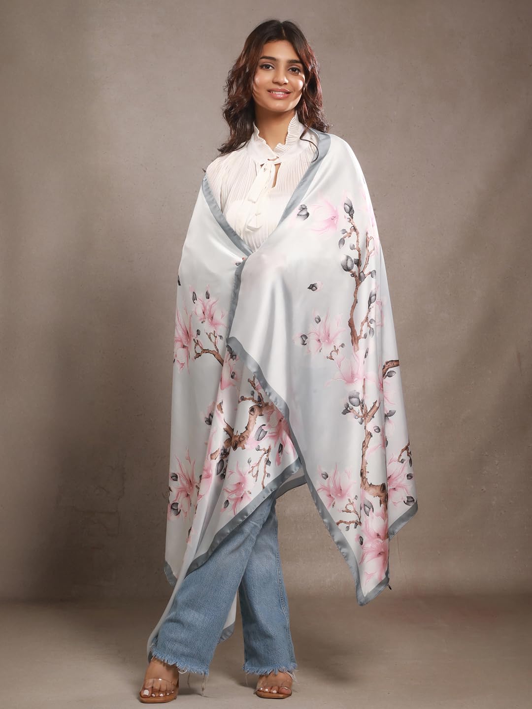 CrossKulture Acacia Haze & Pink Satin Silk Scarf for Women | Soft, Lightweight Satin Feel Neck Scarf, Hair Scarf, Head Scarf | Long Silken Stole
