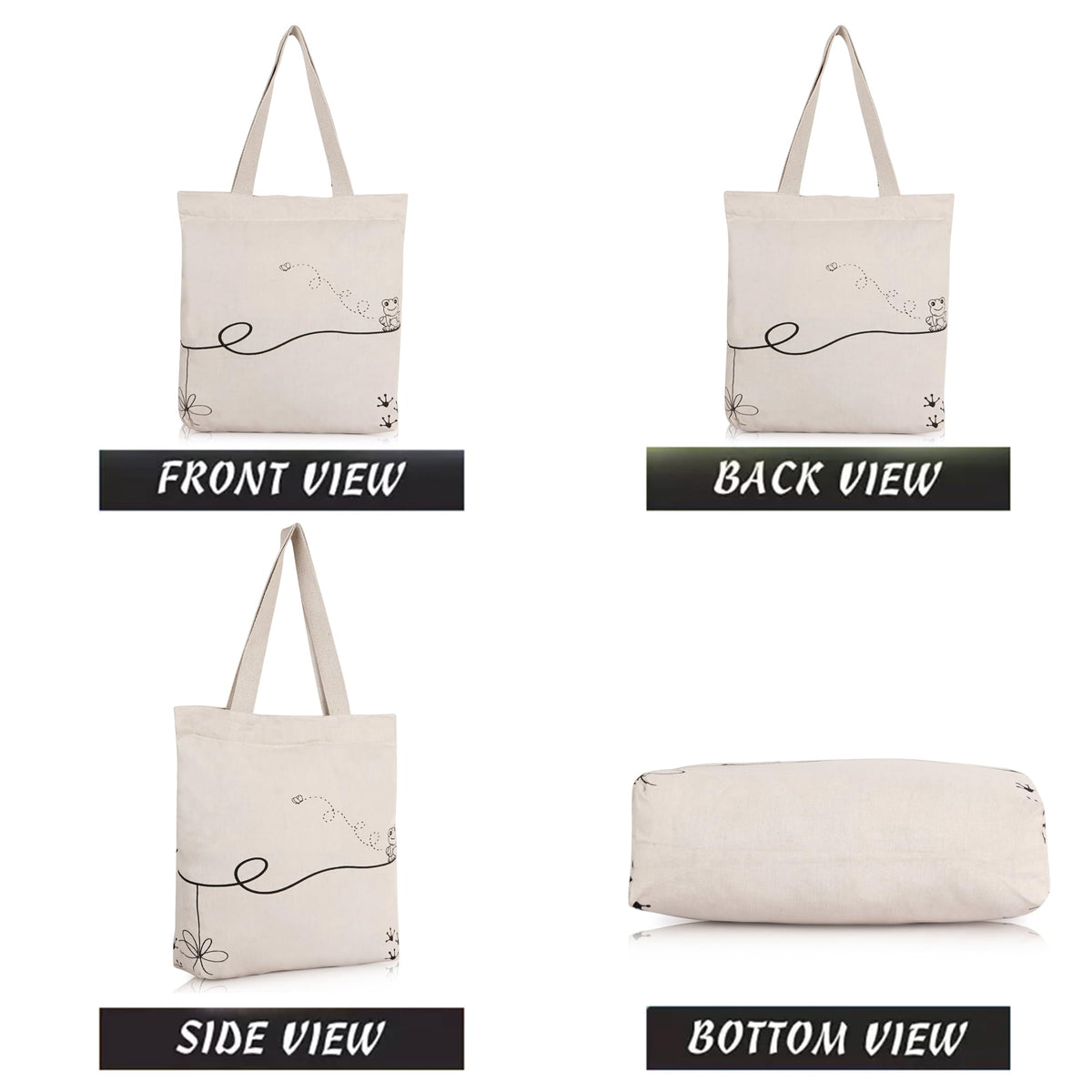 Half Moon Canvas Tote Bag Aesthetic Reusable Cotton Bags for Women Ladies Girls for School, College, Office, Travel Large Printed Design Eco-Friendly Shopping Bag for Everyday Use (Frog & Bee)