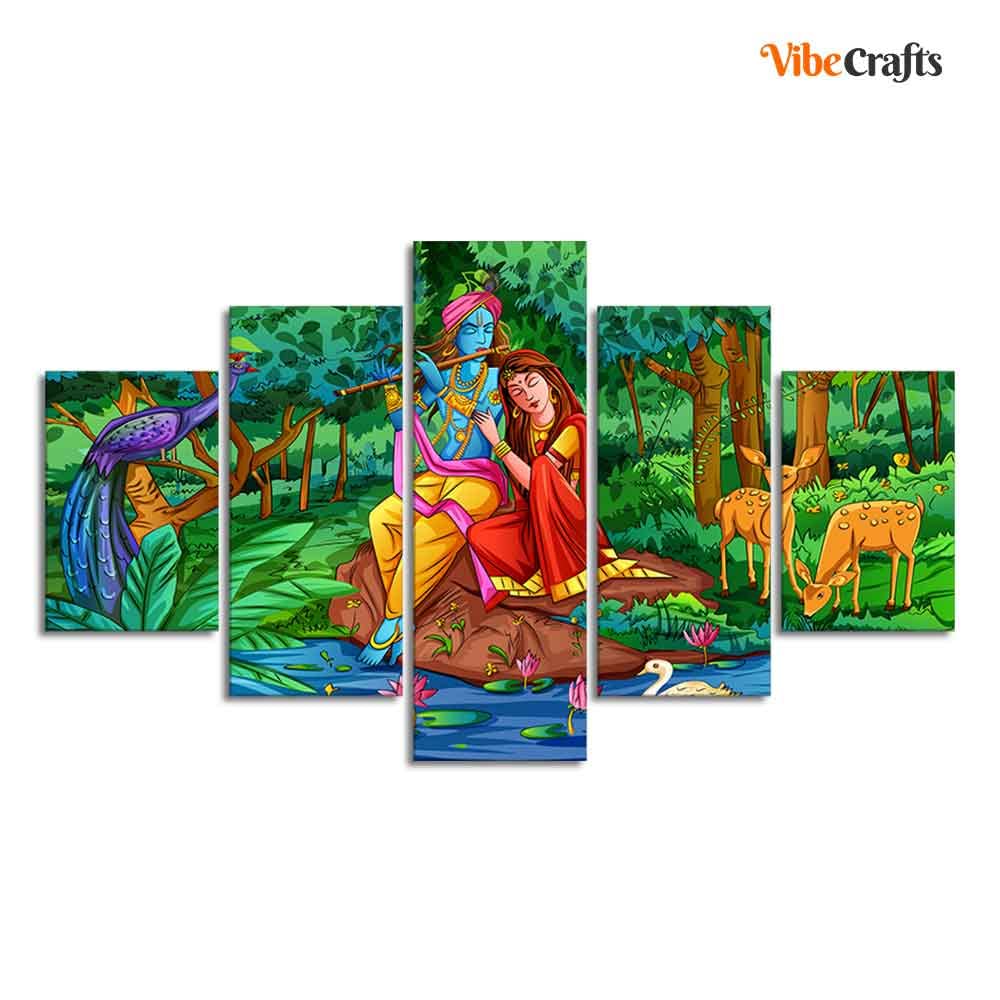 VIBECRAFTS Radha Krishna in Forest Wall Painting Set of Five For Home|Office|Living Room|Gift (PTVC5Pcs1_5535)