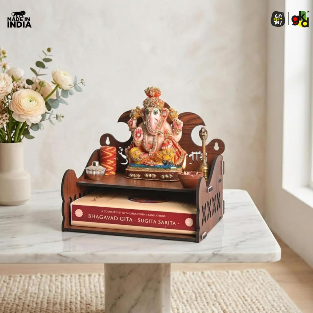 Gift Kya De Wooden Small Mandir for Home | Shubh Labh with Kalash Carving & Utility Shelf | Small Pooja Temple for Table, Wall, or Shelf | DIY Wooden Pooja Mandir | 8x8x8.5 Inch