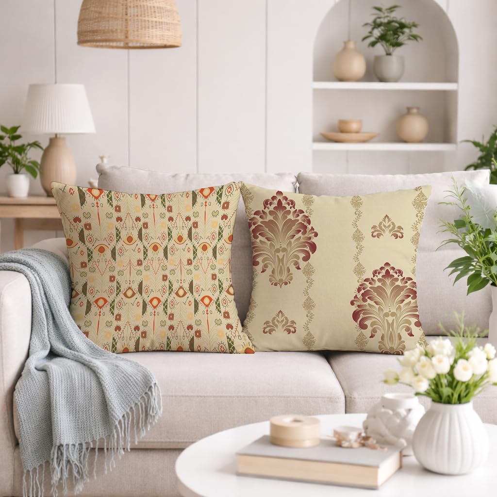 STITCHNEST Set of 2 Royal Damask & Ikat Collection Printed Jute Cushion Covers 16x16 Inches | Ethnic Decorative Throw Pillow Covers for Sofa, Living Room & Bedroom | Premium Home Decor