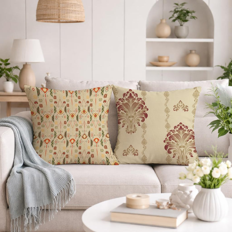 STITCHNEST Set of 2 Royal Damask & Ikat Collection Printed Jute Cushion Covers 16x16 Inches | Ethnic Decorative Throw Pillow Covers for Sofa, Living Room & Bedroom | Premium Home Decor