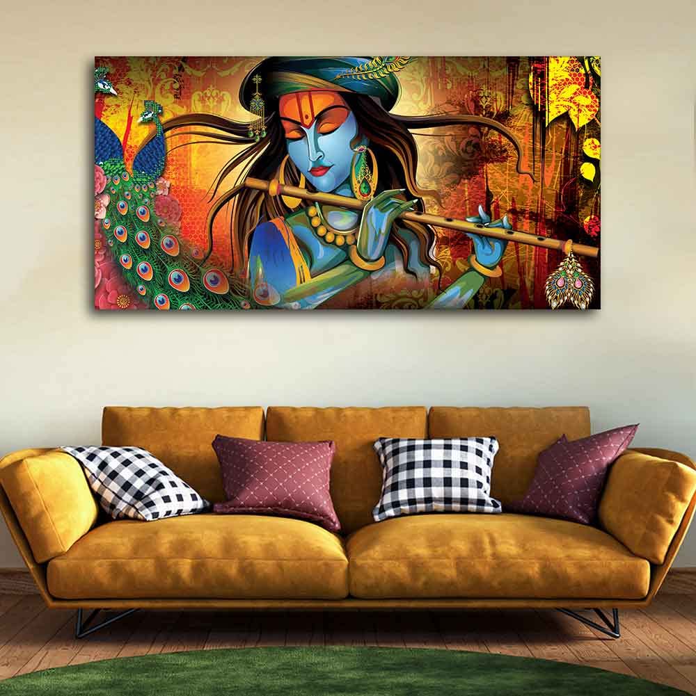 VIBECRAFTS Canvas Paintings for Living Room Drawing Room Classic Krishna Premium Wall Painting Fitted with Wooden Frame for Home|Office|Gift(PTVCH_2245N)