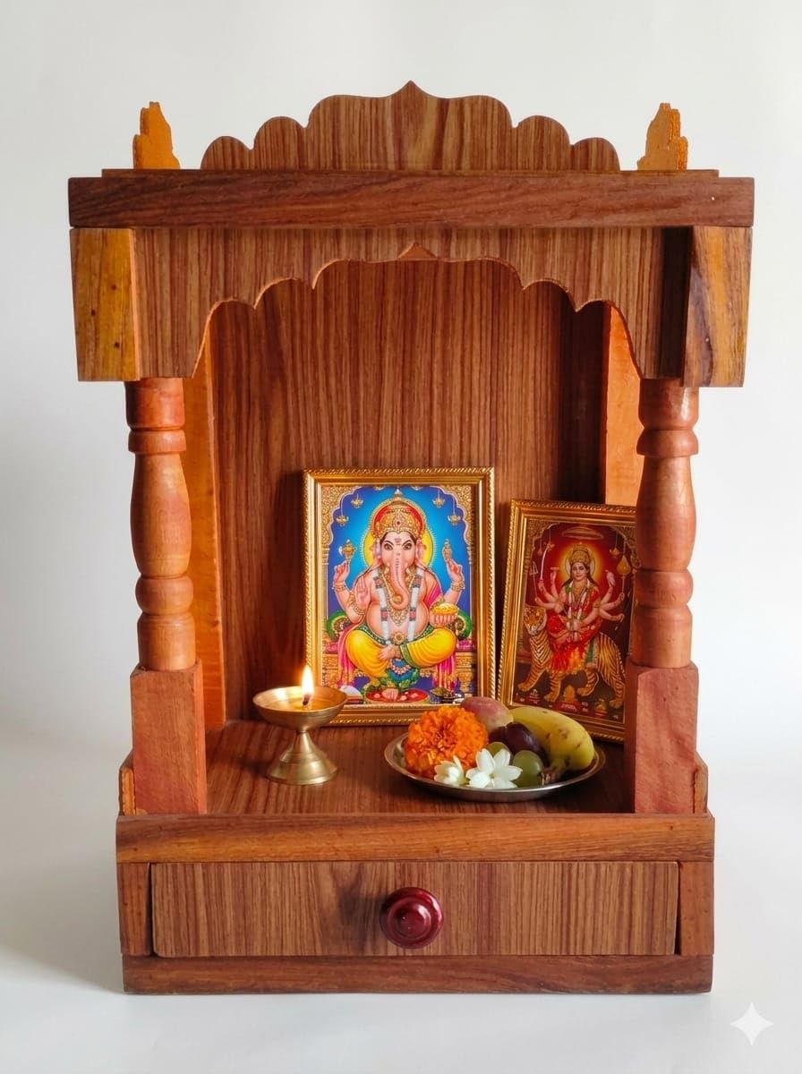 Handcrafted Wooden Temple for Home Pooja Mandir with Drawer Traditional Sheesham Finish Decorative Compact Prayer Shelf Stand
