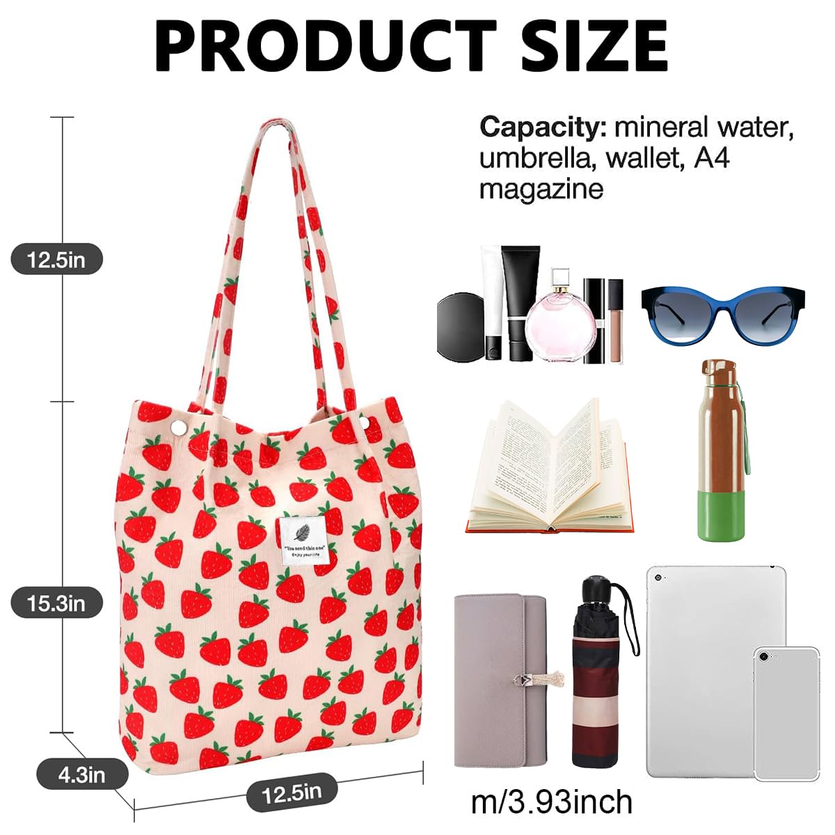Street27 Women's Korean Canvas Corduroy Tote Bag Casual Work Shoulder Handbags | Multi-Purpose Bag |Sturdy Canvas Bag with Large Capacity | Shopping Bag for Office, College & Daily Use (Strawberry)