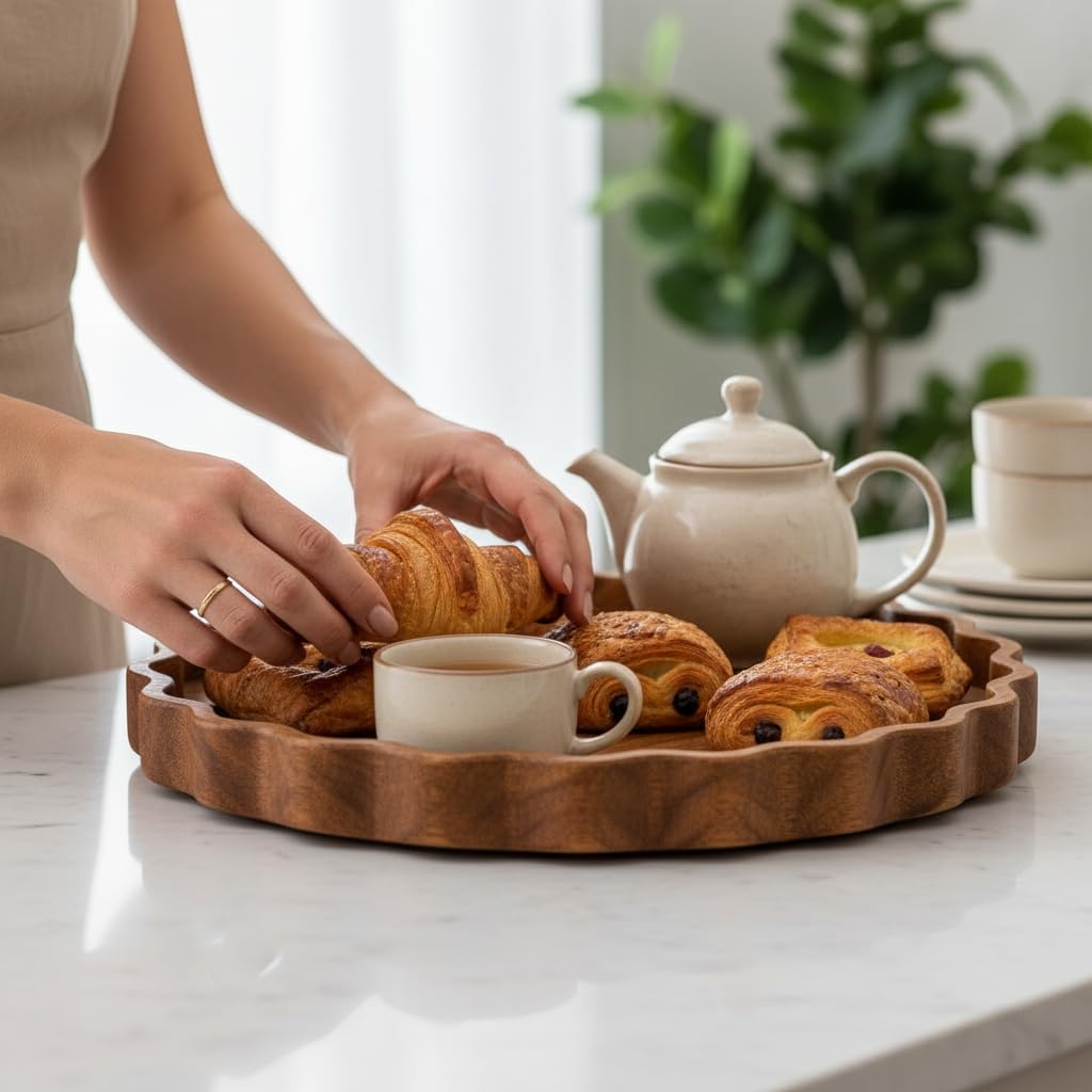 BAUZINI Round Wooden Serving Tray, 11 Inch Acacia Wood Decorative Platter, Handmade Wooden Tray for Tea, Coffee Table, Kitchen, Dining Table, Ottoman, Breakfast & Home Decor