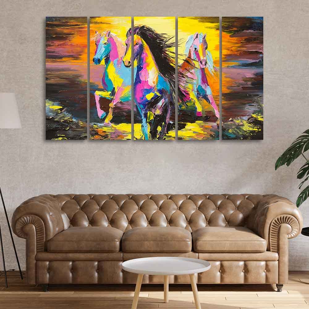 VIBECRAFTS Three Running Horses Abstract Art Canvas Five Pieces Wall Painting For Home|Office|Living Room|Gift (PTVC5Pcs4_8586)