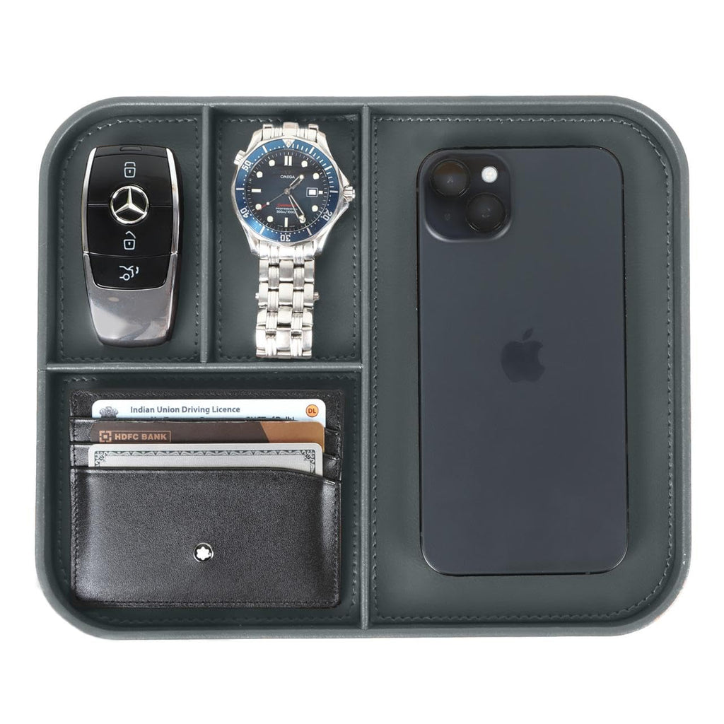 V-CUBE Designs Premium Vegan Leather Valet Tray|Stylish & Modern Office Desk Tray| Table/Bedside/Entryway Organiser for everyday essentials like Keys, Phone, Watch, Wallet, Jewellery|Spill-Proof| Grey