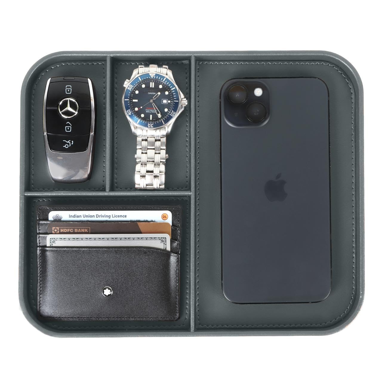V-CUBE Designs Premium Vegan Leather Valet Tray|Stylish & Modern Office Desk Tray| Table/Bedside/Entryway Organiser for everyday essentials like Keys, Phone, Watch, Wallet, Jewellery|Spill-Proof| Grey