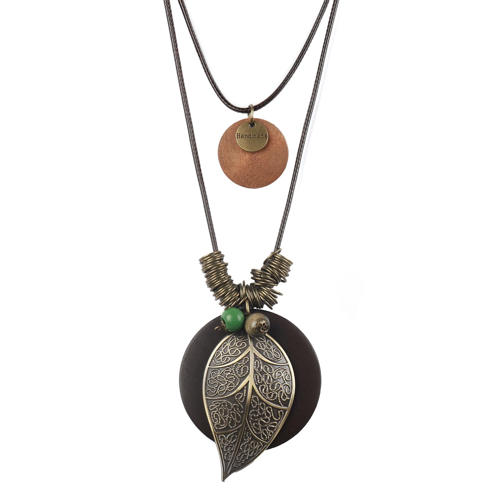 color cosplayer Leather Cord Necklace Vintage Style Wooden Leaf Boho Statement Long Necklace for Women Handmade Jewelry, 40-80 cm, Zinc, No Gemstone