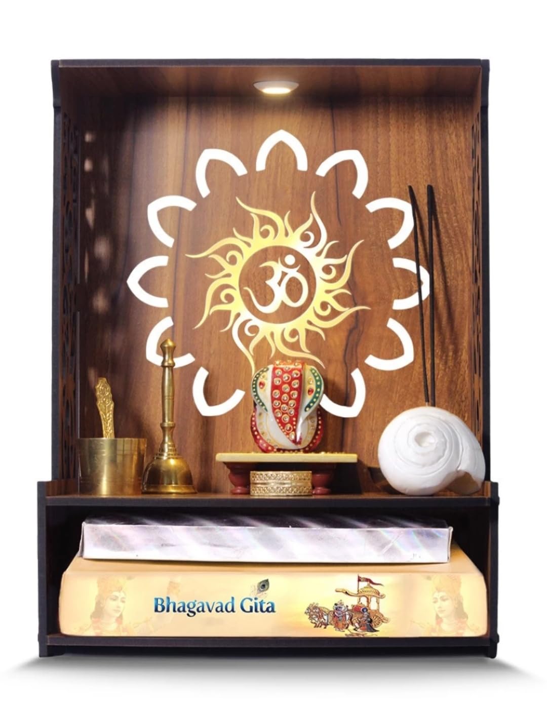 Aquatic Craft Home Wooden Temple with Light, Designer Spacious Pooja Mandir, Warm White LED Lighting, Pre-Assembled Pine Wall/Table Temple, Brown, Medium