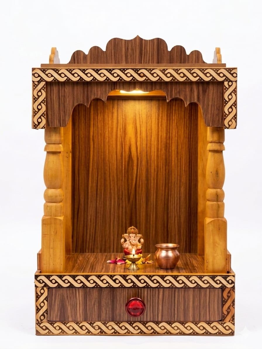 Handcrafted Wooden Temple for Home & Office | Compact Puja Mandir with Storage Drawer & Traditional Carvings | Elegant Pooja Ghar Mandapam (Size: 45 x 32 x 22 cm)