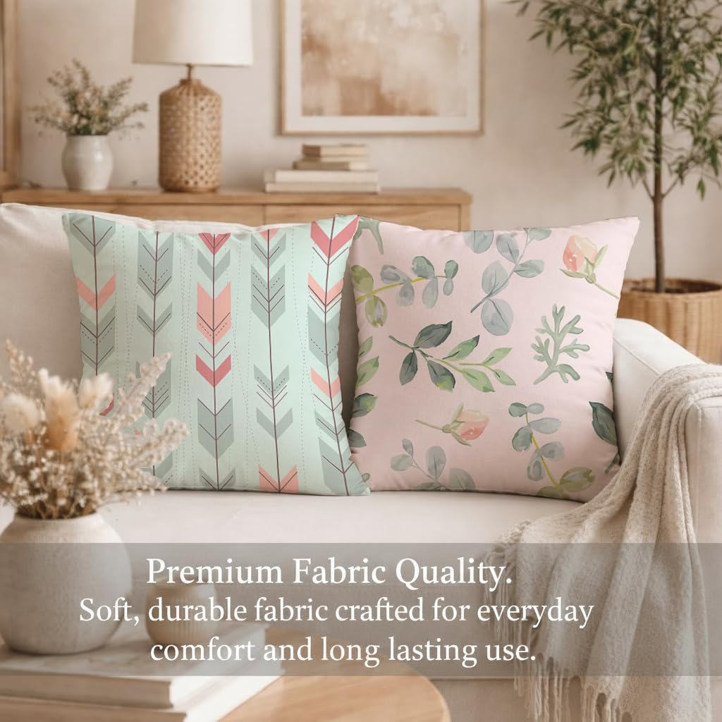 STITCHNEST Set of 2 Pastel Leaf Serenity Collection Printed Jute Cushion Covers 16x16 Inches | Decorative Throw Pillow Covers for Sofa, Living Room, Bedroom | Perfect for Home Decor