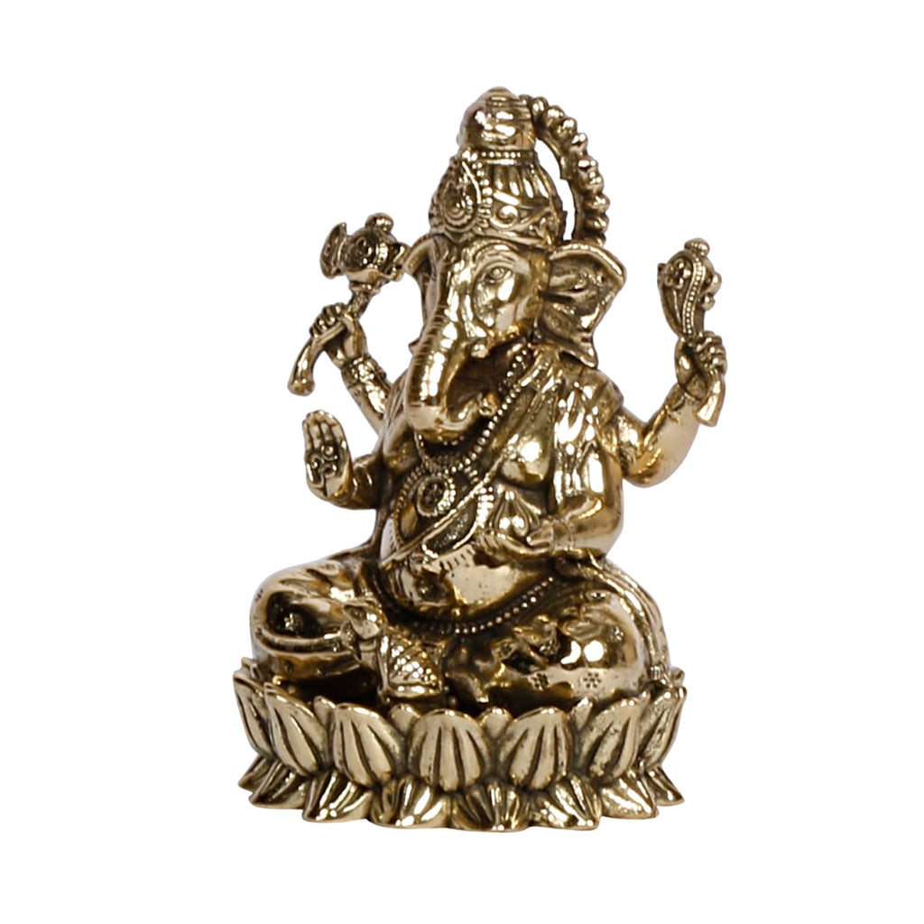 ARTVARKO Brass Ganesha Lord Ganesh Sitting on Lotus Bhagwan Idol Ganpati Murti Statue for Home Office Entrance Decor Gift 3.25 Inch