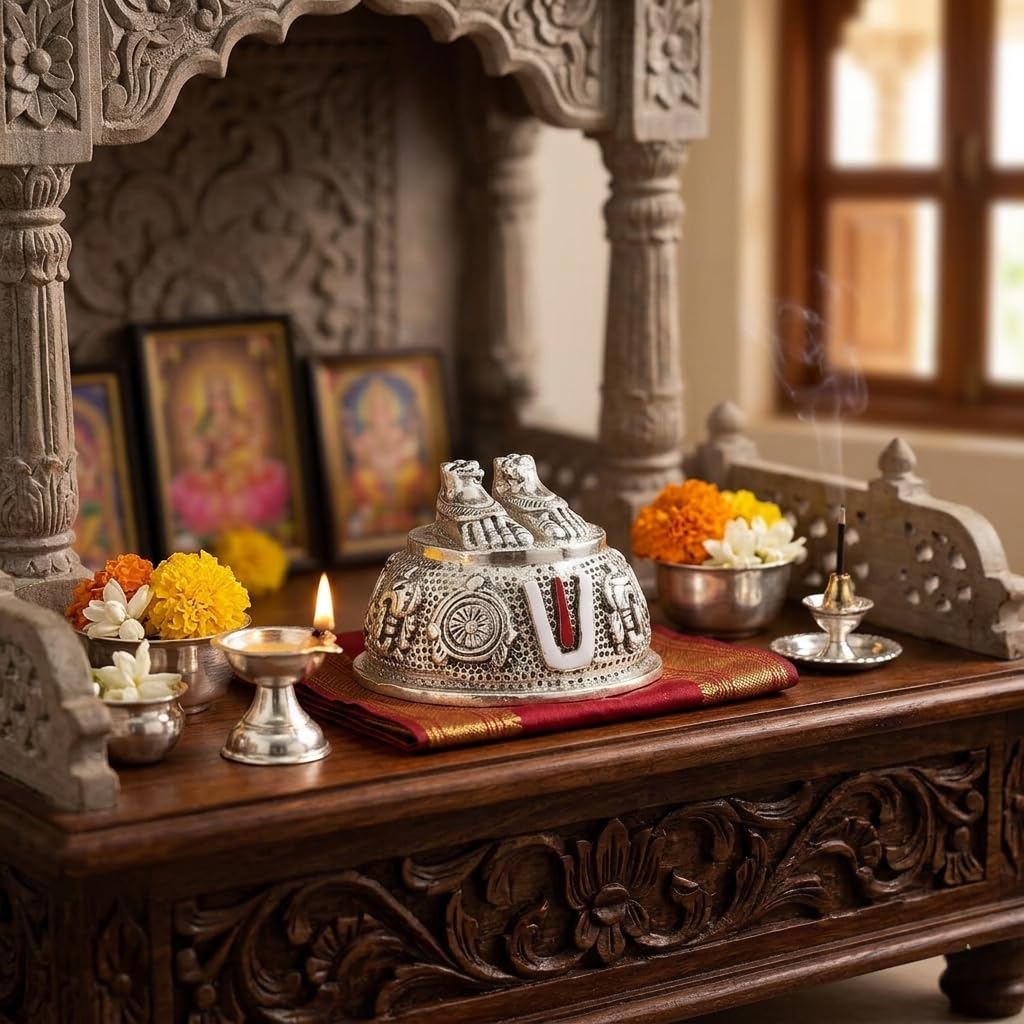 KridayKraft Lord Venkateswara Swami Tirupati Balaji Vishnu Charan Paduka with Shank chakar Tilak Namah for Pooja Room/Car Dashboard | Feet with Shanku & Chakra Namami Showpiece Figurines.