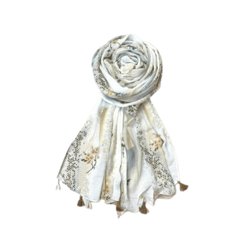 FAHABO Scarf Woman Floral Print Premium Mal Mal Textured Cotton Scarves with Tassels | Hijab Scarf | Headscarf | Neck Scarf | Stoles | Wraps | Size 71 L x 33 W (Elegance Grey, Mustard)