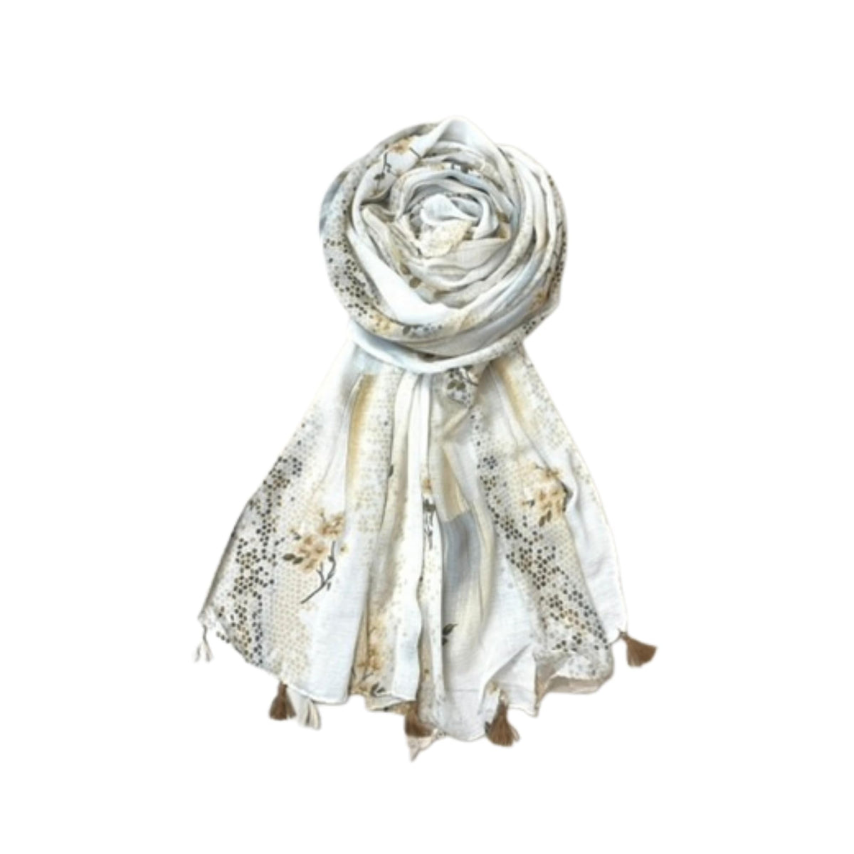 FAHABO Scarf Woman Floral Print Premium Mal Mal Textured Cotton Scarves with Tassels | Hijab Scarf | Headscarf | Neck Scarf | Stoles | Wraps | Size 71 L x 33 W (Elegance Grey, Mustard)