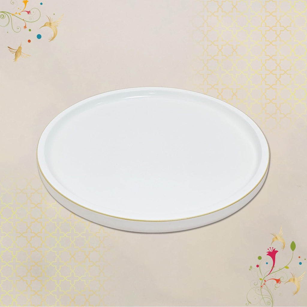 CRAFTSLANE Handcrafted Round Decorative Tray 11 x 11 inch High Gloss with Gold Trim | Wooden Serving & Counter Tray for Keys & Home Decor (Egg Shell)