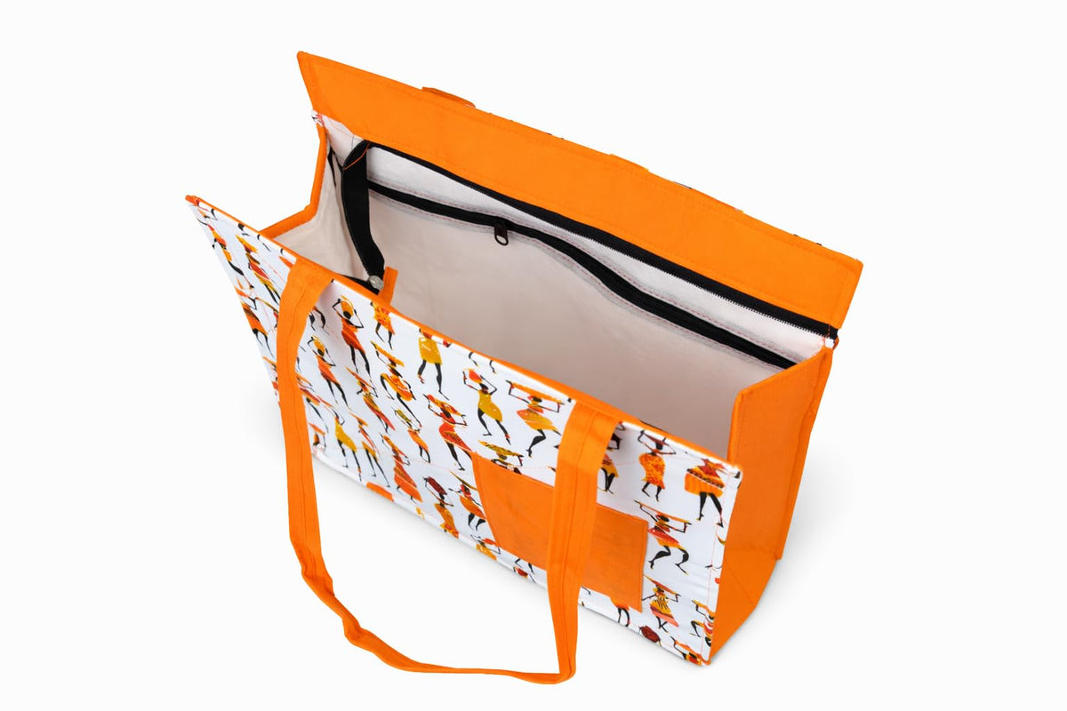 Vaishnavi Solapur Creations Warli Printed Cotton Tote Bag for Women | Ethnic Handmade Shoulder Handbag | Reusable Eco-Friendly Shopping & Daily Use Bag (Orange)