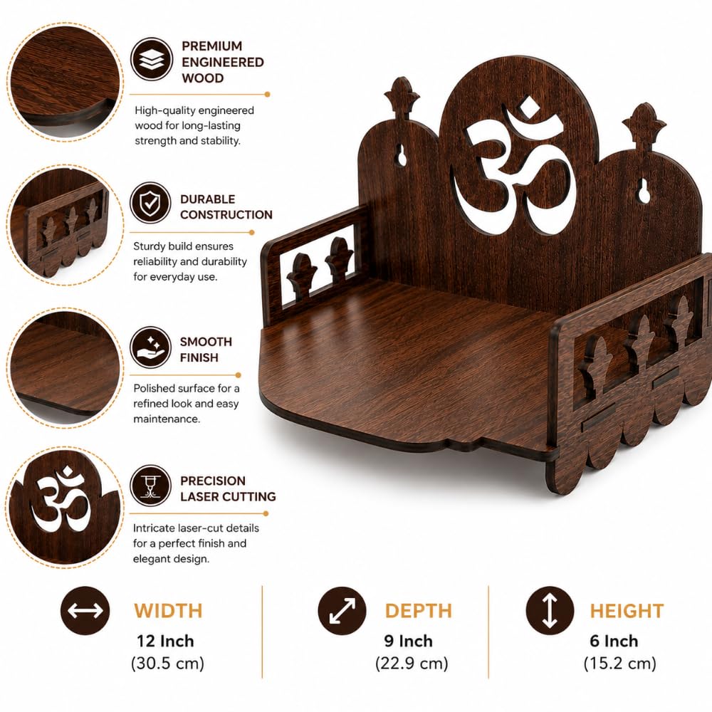 TruRise Wooden Pooja Mandir for Home Wall | Small Temple for Office & Room | Indian Wooden Temple for Table or Shelf | Compact DIY Mandir | 12x9x6 Inch | Classic Design