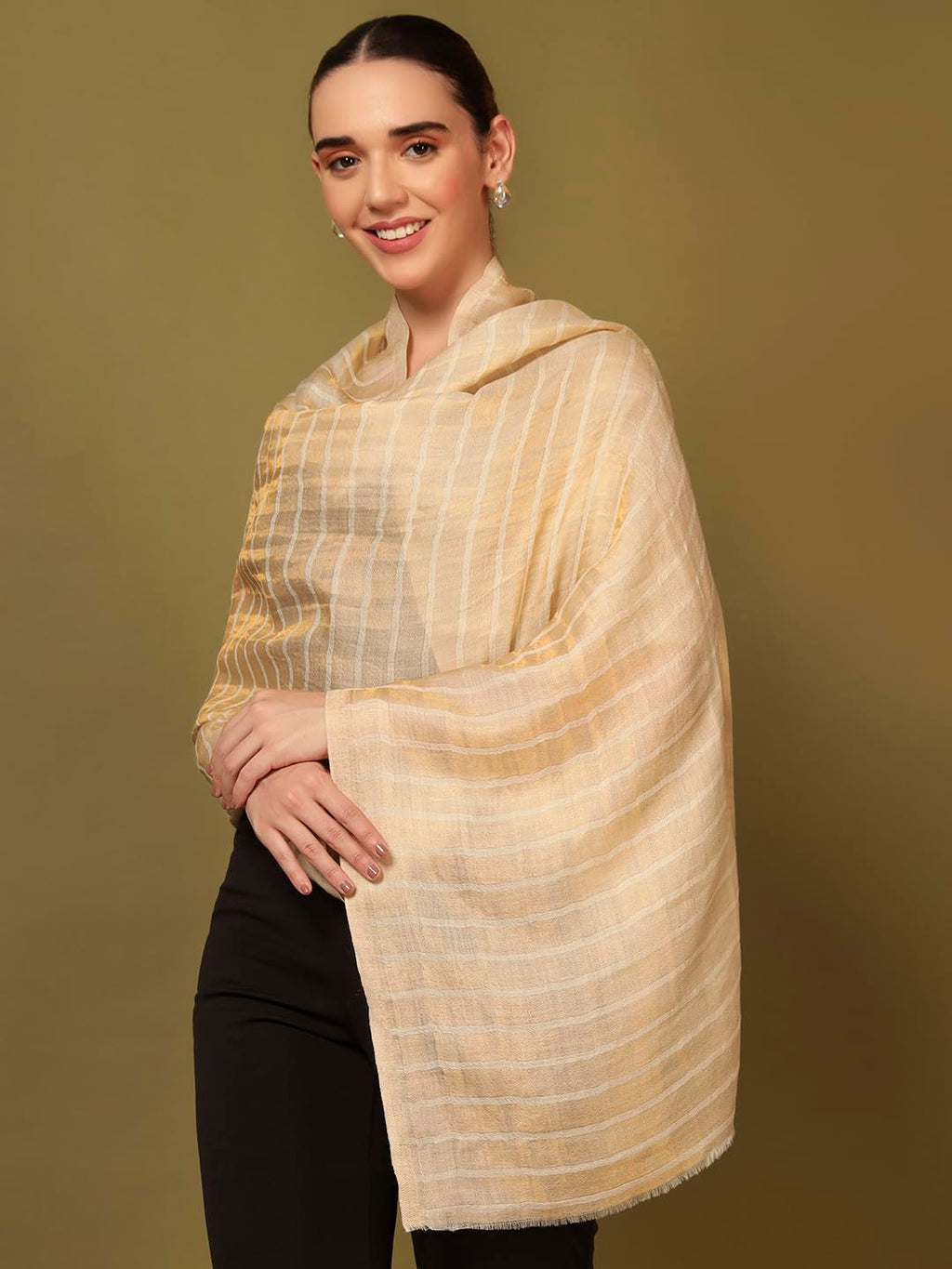 Pashmoda Women Golden Mirage Reversible Zari Moonlight Fine Wool Stole (Size : 28x80in, 71X203cm) ZSST05