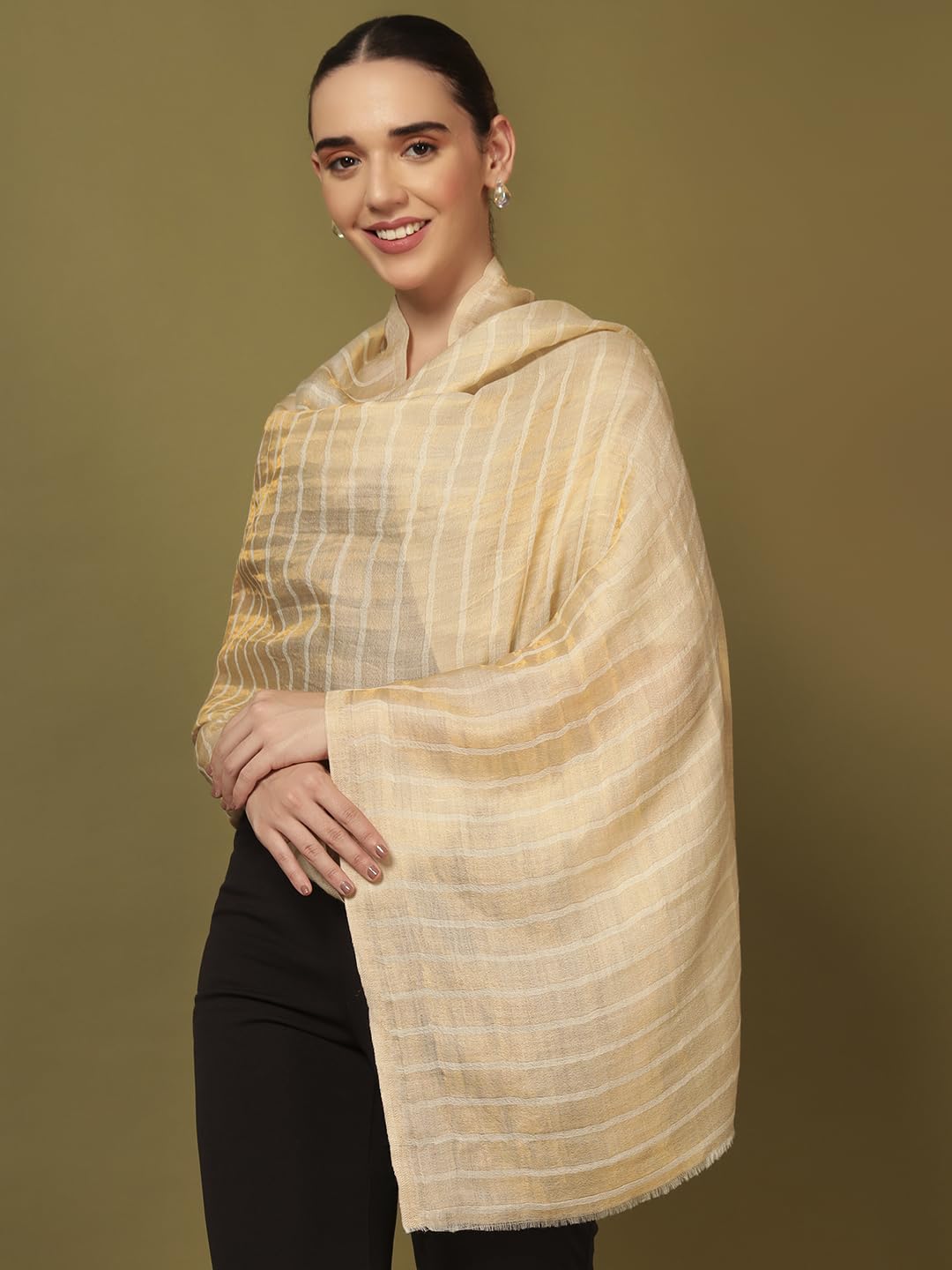 Pashmoda Women Golden Mirage Reversible Zari Moonlight Fine Wool Stole (Size : 28x80in, 71X203cm) ZSST05