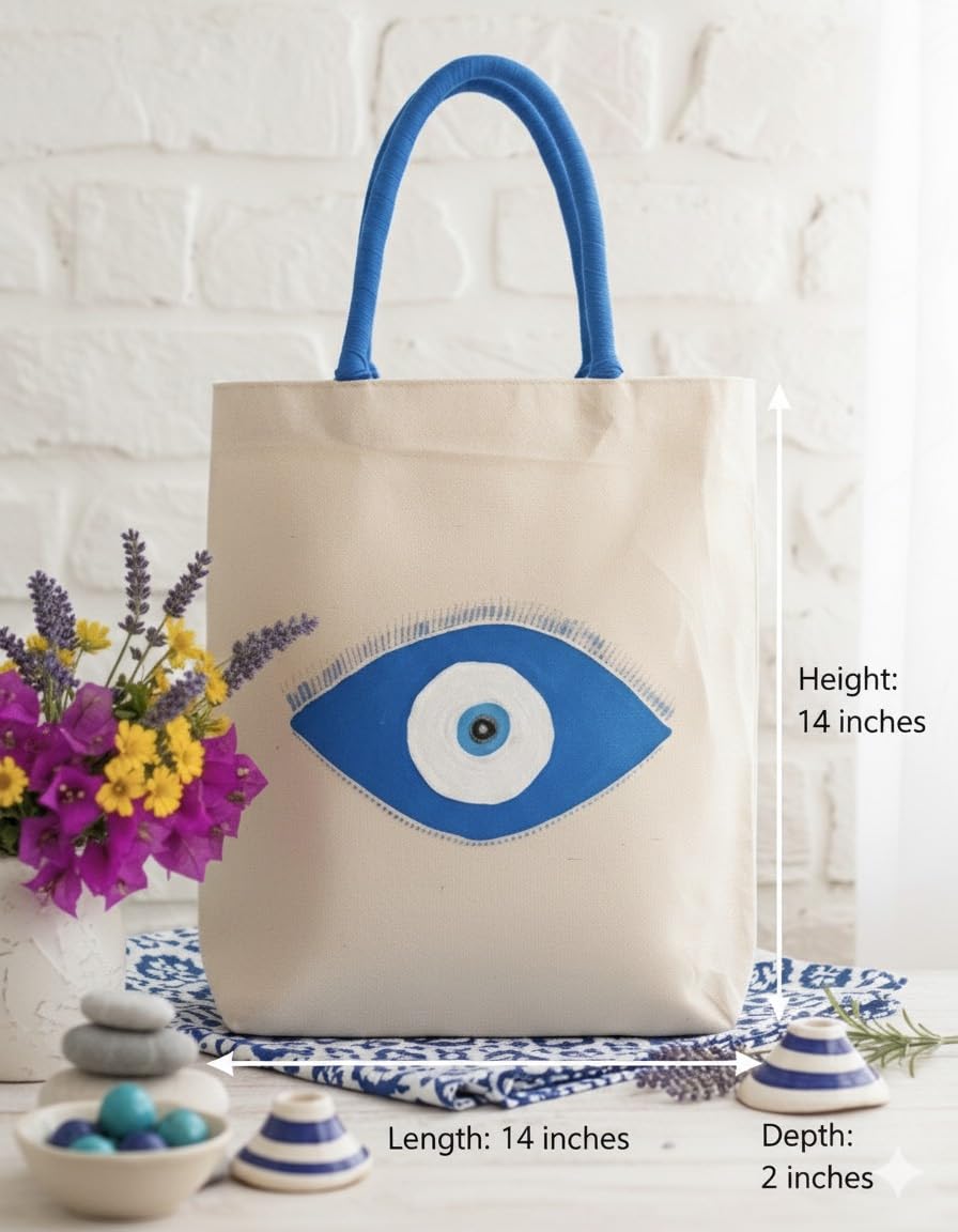 ZIG ZAG BAGS Canvas Tote Bag with Zipper | Evil Eye Design | Hand-Painted Cotton Tote for Girls, Office & Shopping | Eco-Friendly Cloth Handbag | Stylish Shoulder Shopping Bag for Women (Evil Eye)